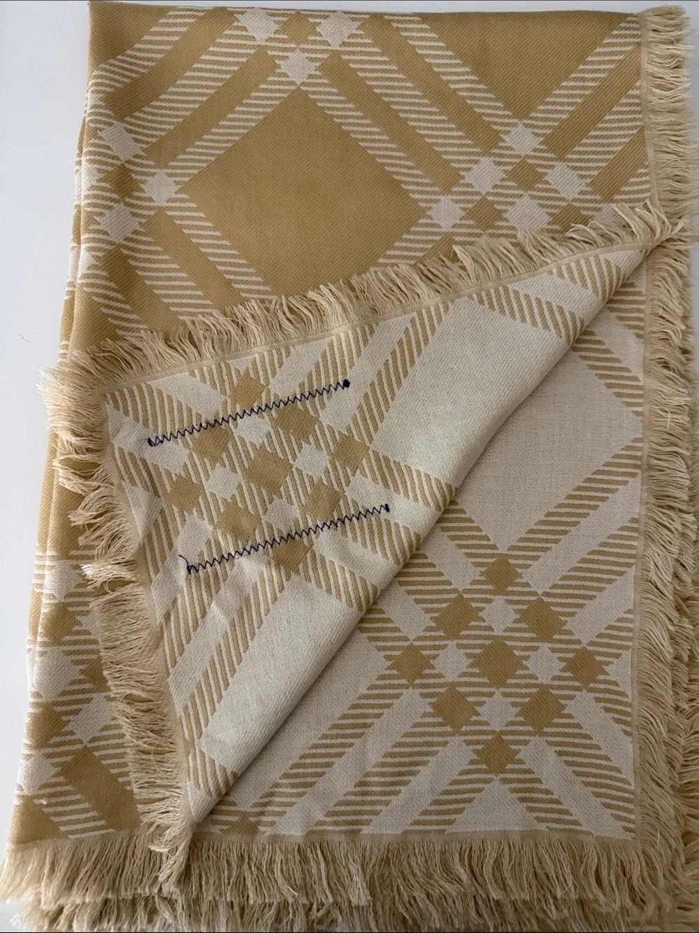 Burberry Wide Check Wool Silk Scarf / Wrap in Sand beige/ecru beige.